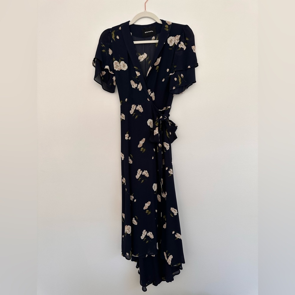 Navy blue floral Reformation Wrap Dress - size 0/sm.